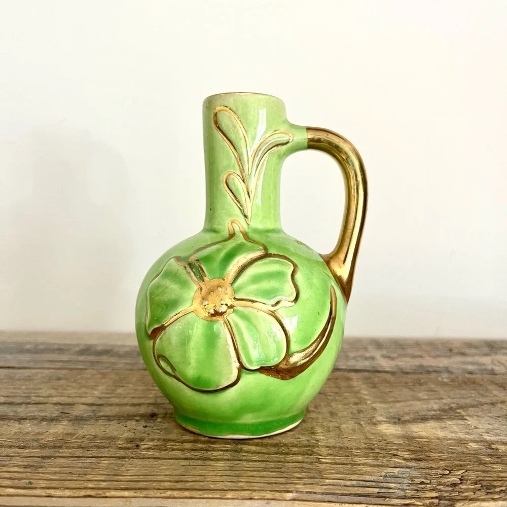 Green and Gold Floral Ceramic Vase